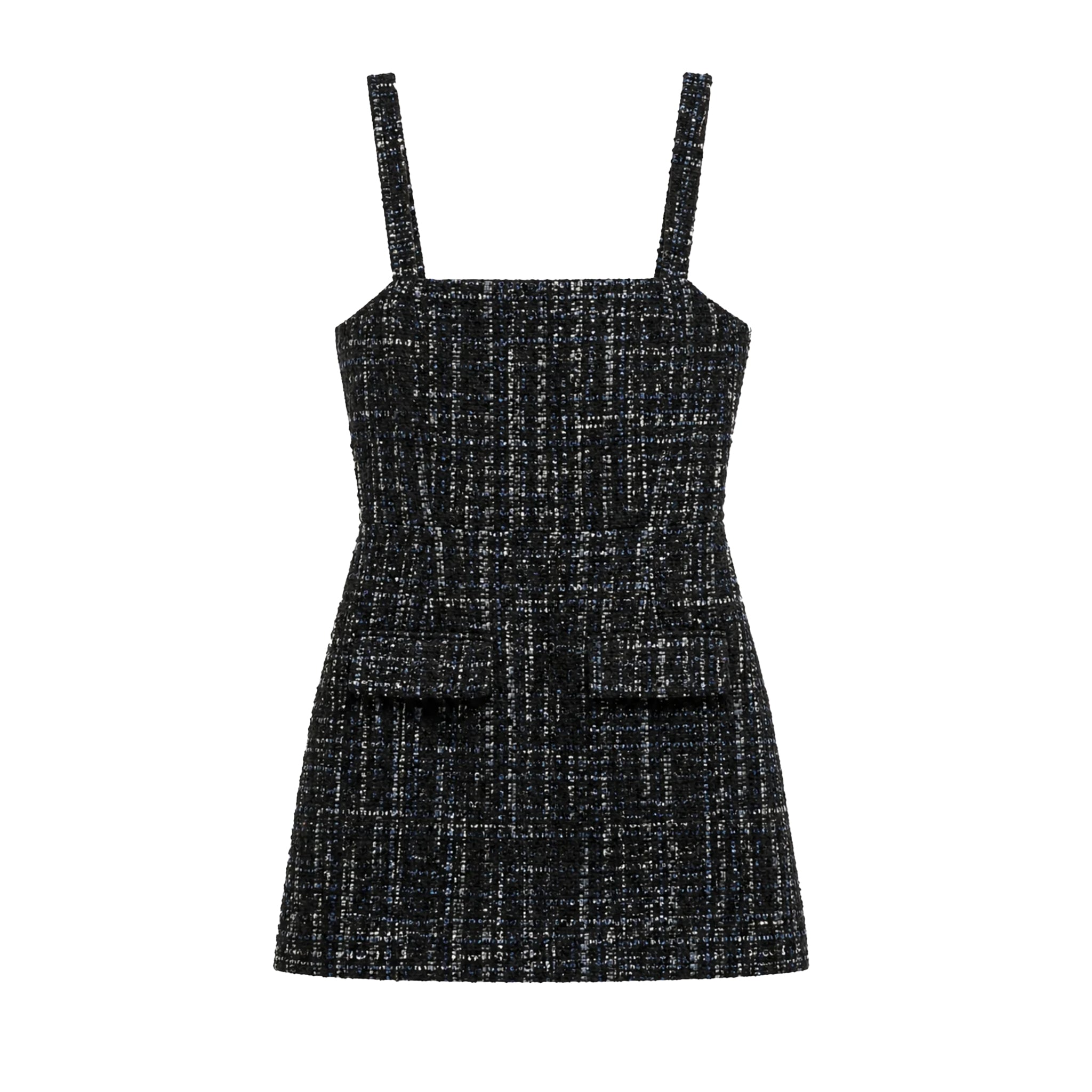 A sleeveless black tweed mini dress with thin shoulder straps, a square neckline, and two front flap pockets, shown on a plain white background.
