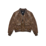 A brown faux-leather bomber jacket with a mottled distressed finish, featuring a ribbed collar, cuffs, and hem, and two front flap pockets, shown against a plain white background.