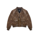 A brown faux-leather bomber jacket with a mottled distressed finish, featuring a ribbed collar, cuffs, and hem, and two front flap pockets, shown against a plain white background.