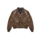 A brown faux-leather bomber jacket with a mottled distressed finish, featuring a ribbed collar, cuffs, and hem, and two front flap pockets, shown against a plain white background.