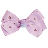 A light purple ribbon hair bow decorated with small pink rhinestones and a central iridescent bead accent, shown on a plain white background.
