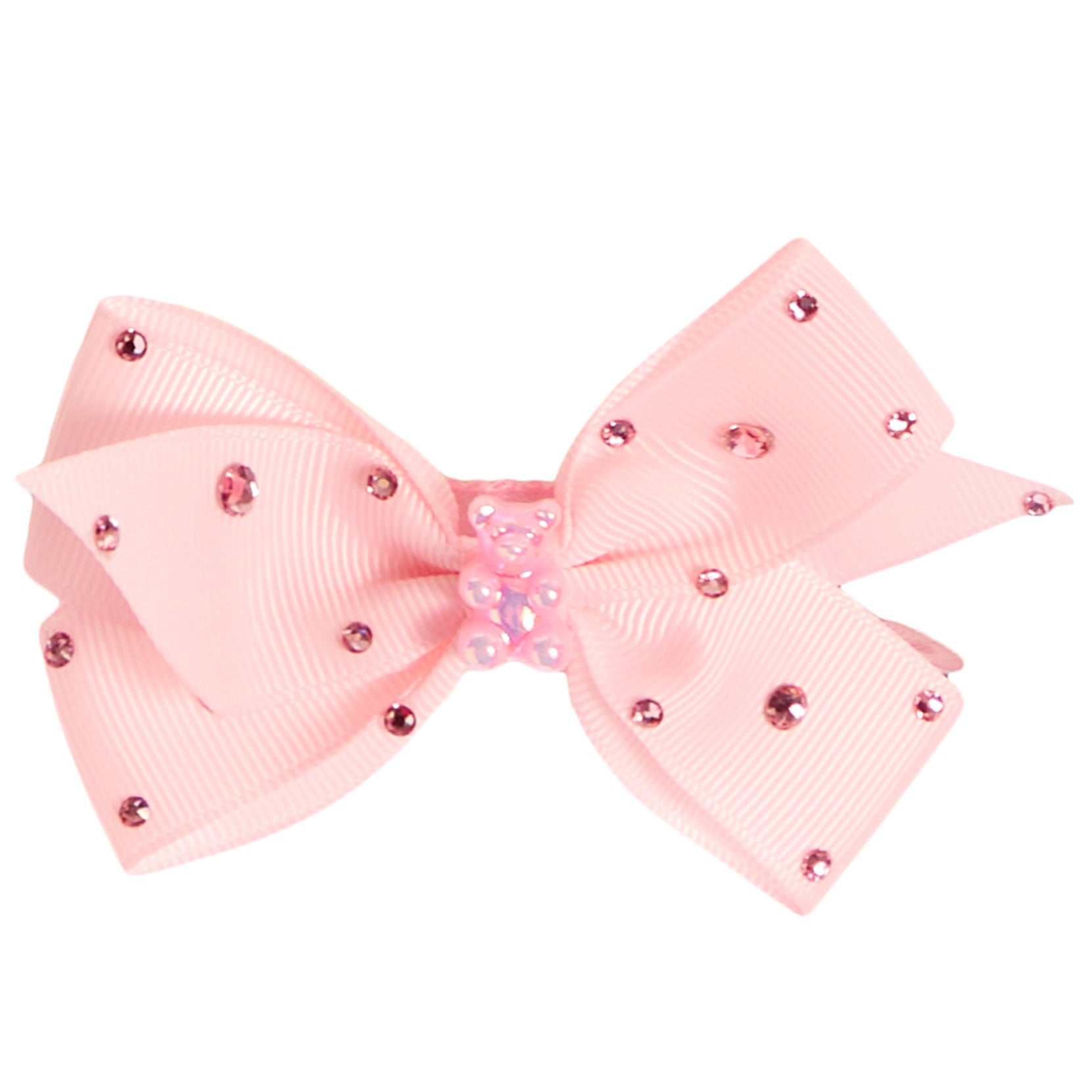 A light pink ribbon hair bow decorated with small pink rhinestones and a central cluster of pink pearls, shown on a plain white background.