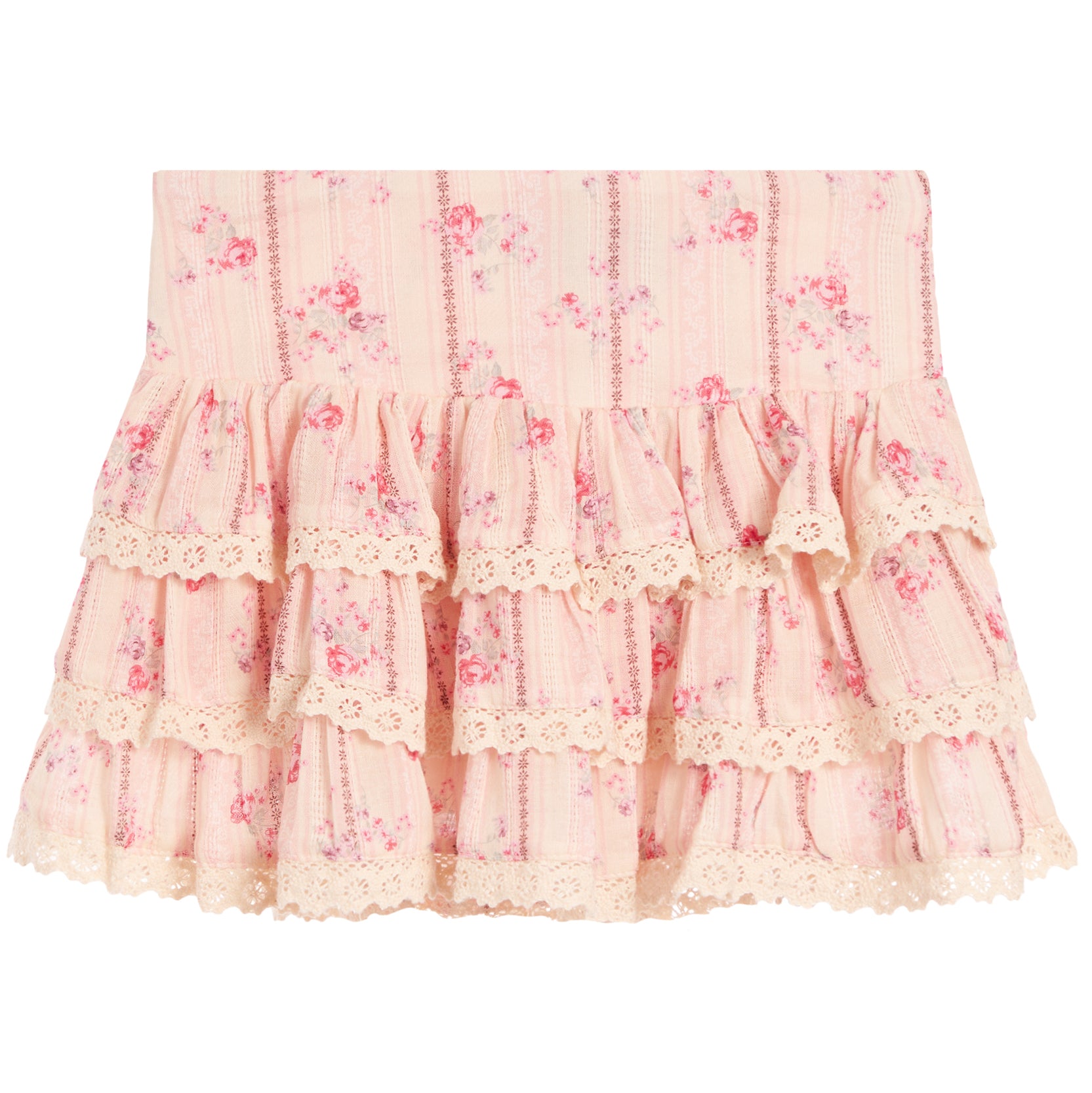A light pink tiered ruffle skirt with a delicate floral print and lace trim, shown flat against a white background.