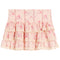 A light pink tiered ruffle skirt with a delicate floral print and lace trim, shown flat against a white background.