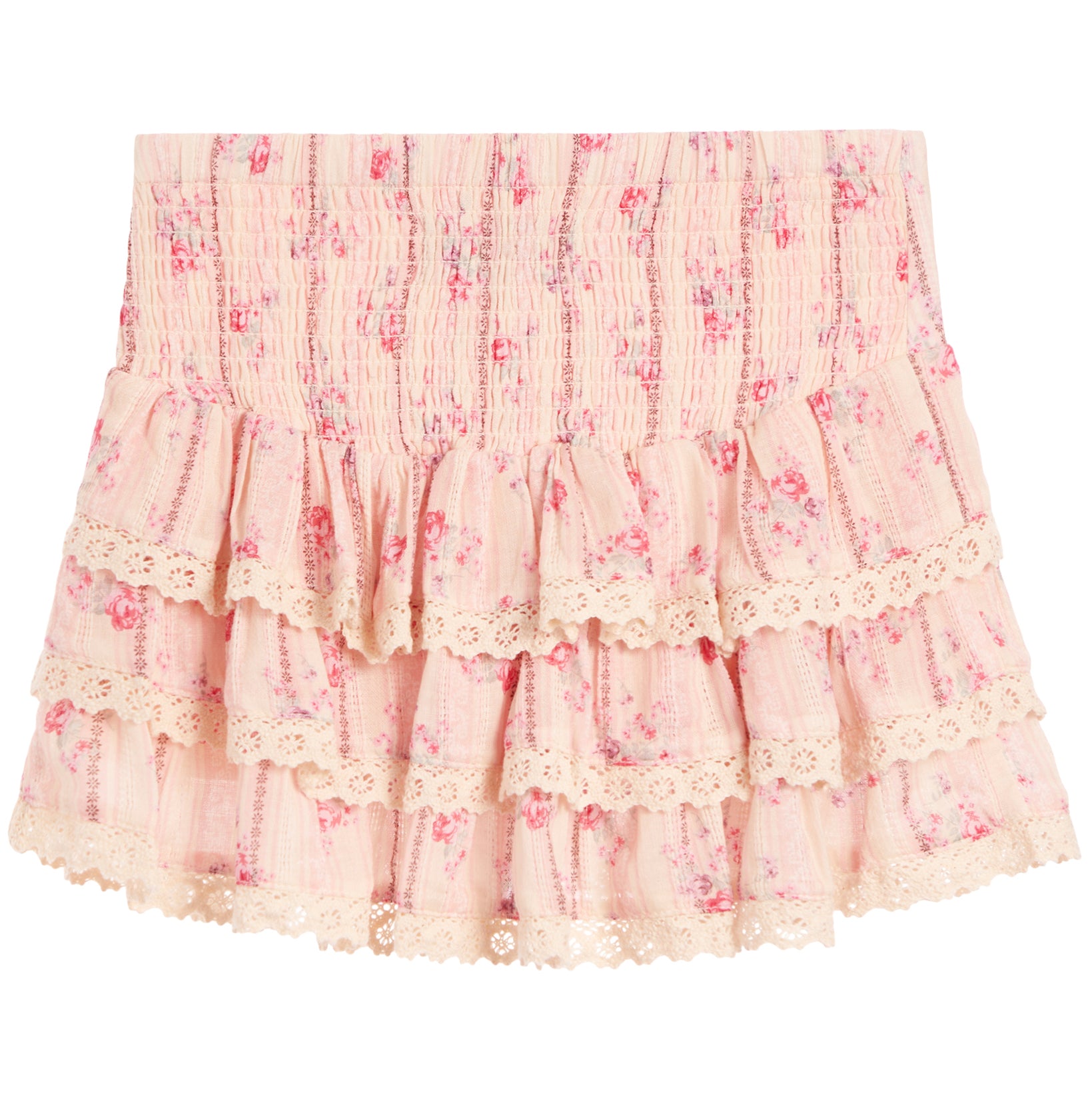 A light pink tiered skirt with a delicate floral print, featuring an elastic smocked waistband and layered ruffles finished with cream lace trim.