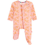 A baby footed sleeper in light pink with an all-over pizza slice pattern, featuring a snap-button front and three-quarter sleeves.