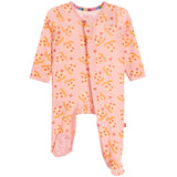 A baby footed sleeper in light pink with an all-over pizza slice pattern, featuring a snap-button front and three-quarter sleeves.