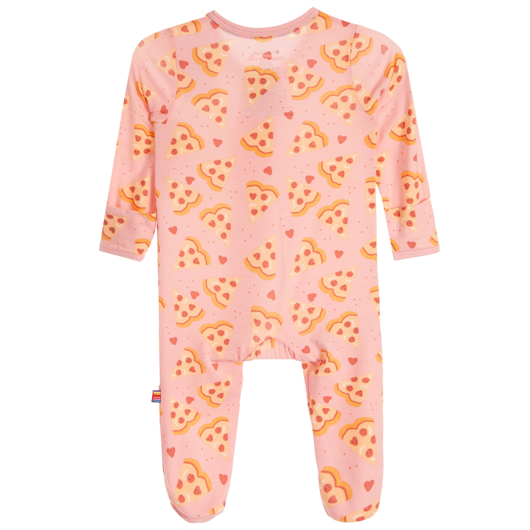 A baby footed sleeper in light pink with an all-over pizza slice pattern, shown against a plain white background.