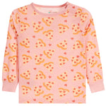 A pink long-sleeve crewneck pajama top with an all-over pizza slice pattern, featuring small red hearts and dots. 