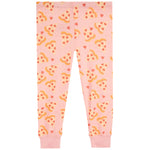 Pink children's pajama pants with an all-over pizza slice pattern, featuring elastic waistband and cuffed ankles, shown flat against a white background.