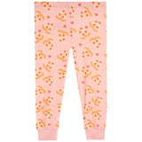 Pink children's pajama pants with an all-over pizza slice pattern, featuring elastic waistband and cuffed ankles, shown flat against a white background.
