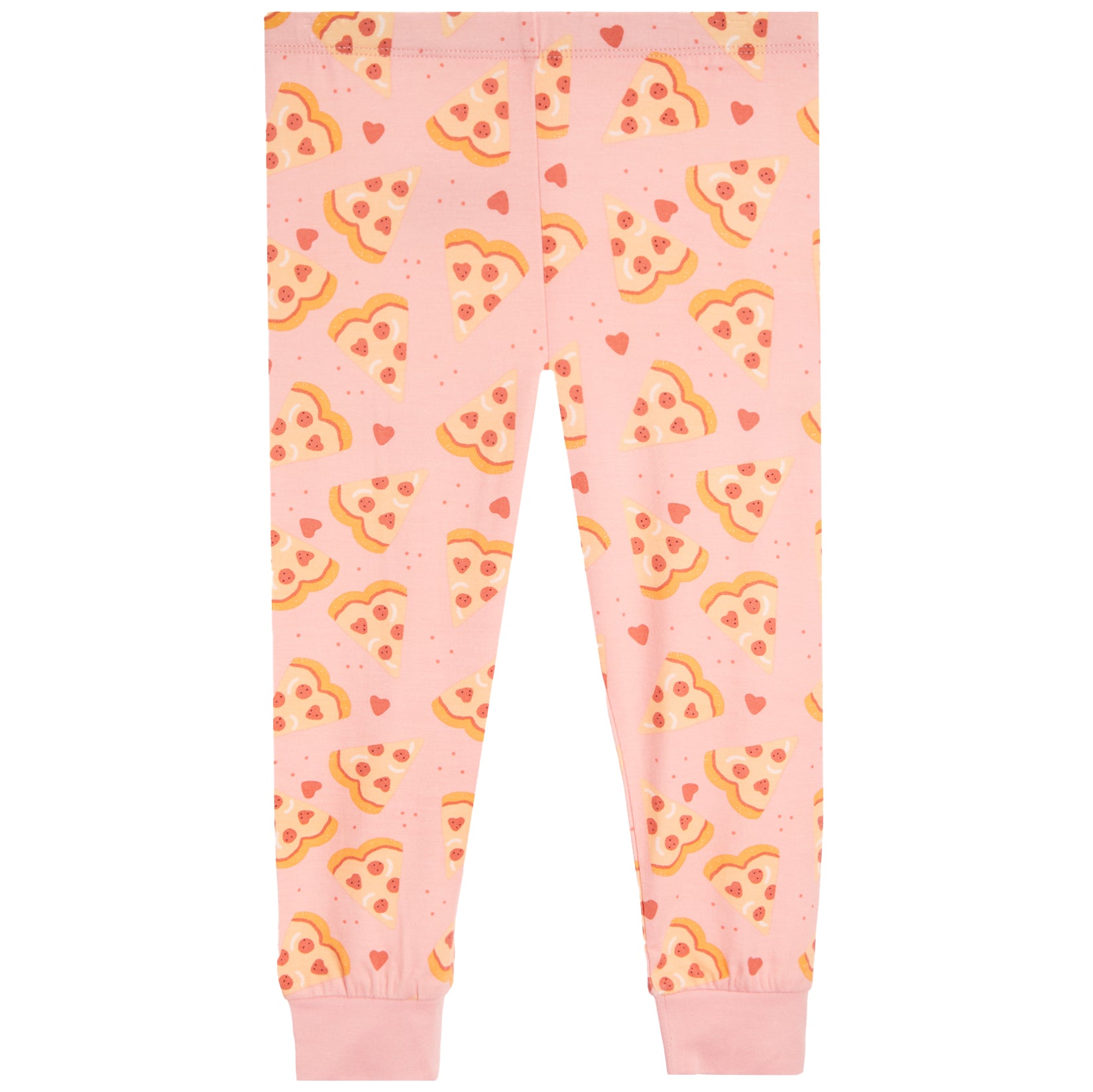 Pink children's pajama pants with an all-over pizza slice pattern, featuring elastic waistband and cuffed ankles, shown flat against a white background.