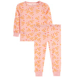A two-piece children's pajama set featuring a long-sleeve top and matching pants in light pink, both covered in a playful print of pizza slices, small hearts, and tiny stars.