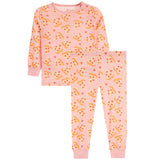 A two-piece children's pajama set featuring a long-sleeve top and matching pants in light pink, both covered in a playful print of pizza slices, small hearts, and tiny stars.