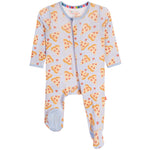 A baby footed sleeper in a light blue color with an all-over pizza slice pattern, featuring orange and yellow toppings and small red hearts. The sleeper has long sleeves, a snap-button front, and a small brand label on the left leg.