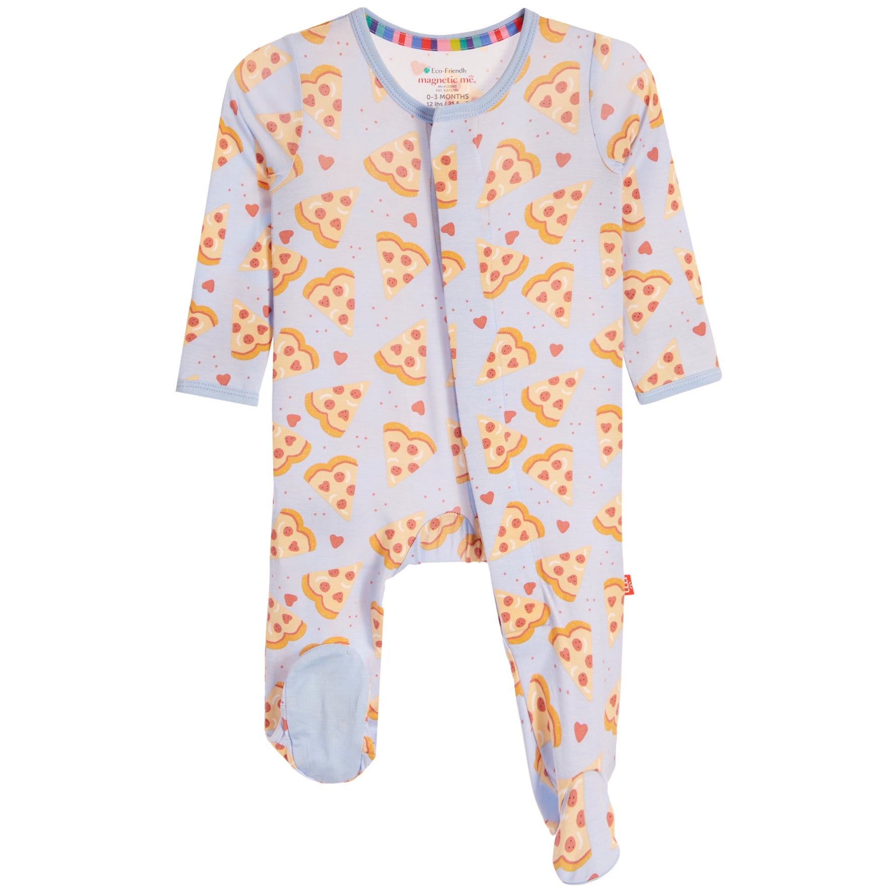 A baby footed sleeper in a light blue color with an all-over pizza slice pattern, featuring orange and yellow toppings and small red hearts. The sleeper has long sleeves, a snap-button front, and a small brand label on the left leg.