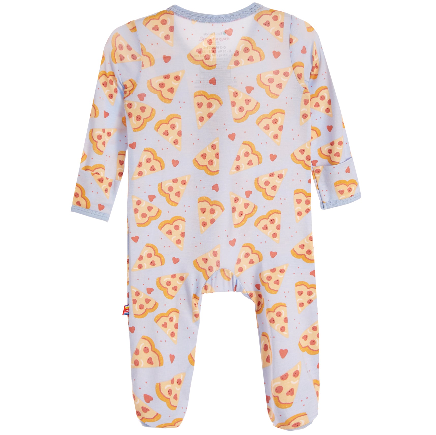 A baby long-sleeve footed sleeper with an all-over pizza slice pattern on a pale blue background, featuring a light blue collar and cuffs.