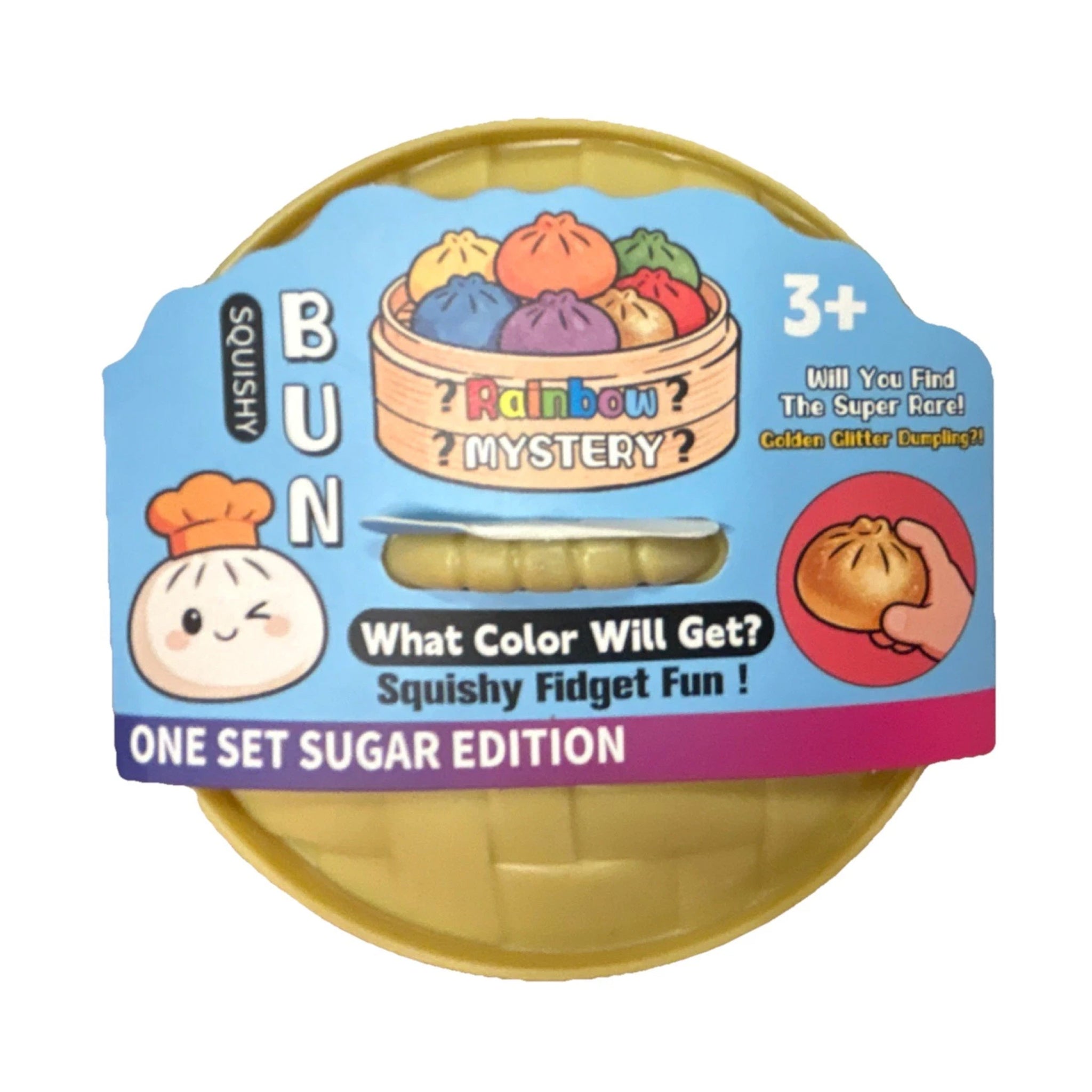 Squishy rainbow mystery squishy bun toy with colorful bun design and text on a white background