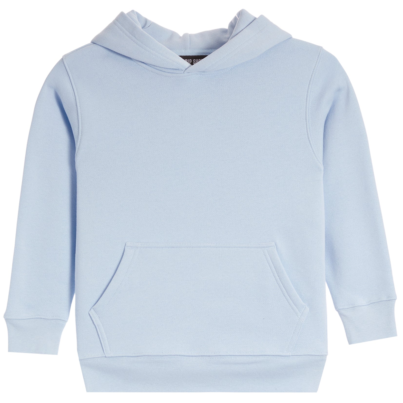 A light blue pullover hoodie sweatshirt with a front kangaroo pocket, shown flat against a solid white background.