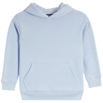 A light blue pullover hoodie sweatshirt with a front kangaroo pocket, shown flat against a solid white background.