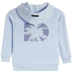 A light blue hooded sweatshirt with a large graphic print on the chest featuring a stylized palm tree inside a circle, shown against a plain white background.
