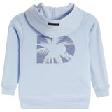 A light blue hooded sweatshirt with a large graphic print on the chest featuring a stylized palm tree inside a circle, shown against a plain white background.