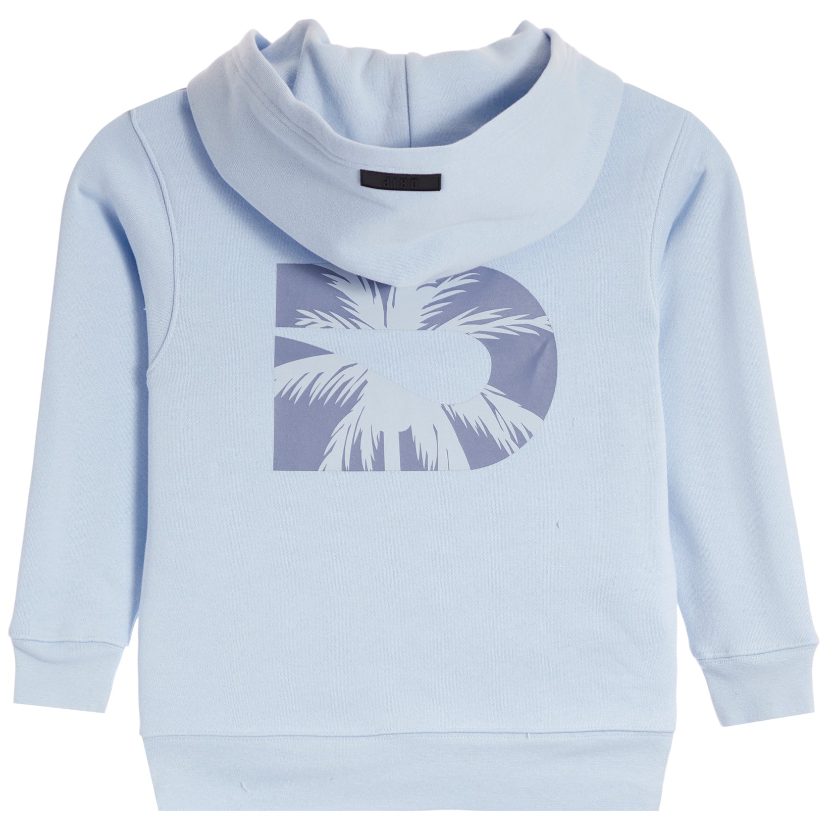 A light blue hooded sweatshirt with a large graphic print on the chest featuring a stylized palm tree inside a circle, shown against a plain white background.