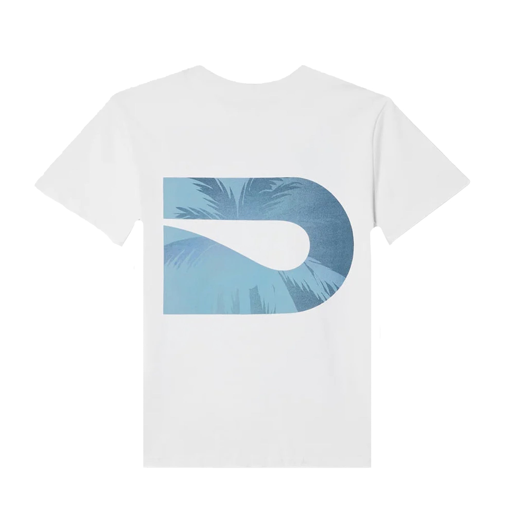 A white short-sleeve crewneck t-shirt featuring a large graphic print on the front. The graphic is a stylized letter 'D' filled with a blue palm tree pattern.