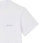 White short-sleeve crewneck t-shirt with 'MAGIC HOUR' printed in black and light blue script on the left chest.