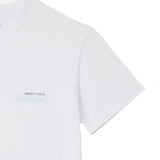 White short-sleeve crewneck t-shirt with 'MAGIC HOUR' printed in black and light blue script on the left chest.