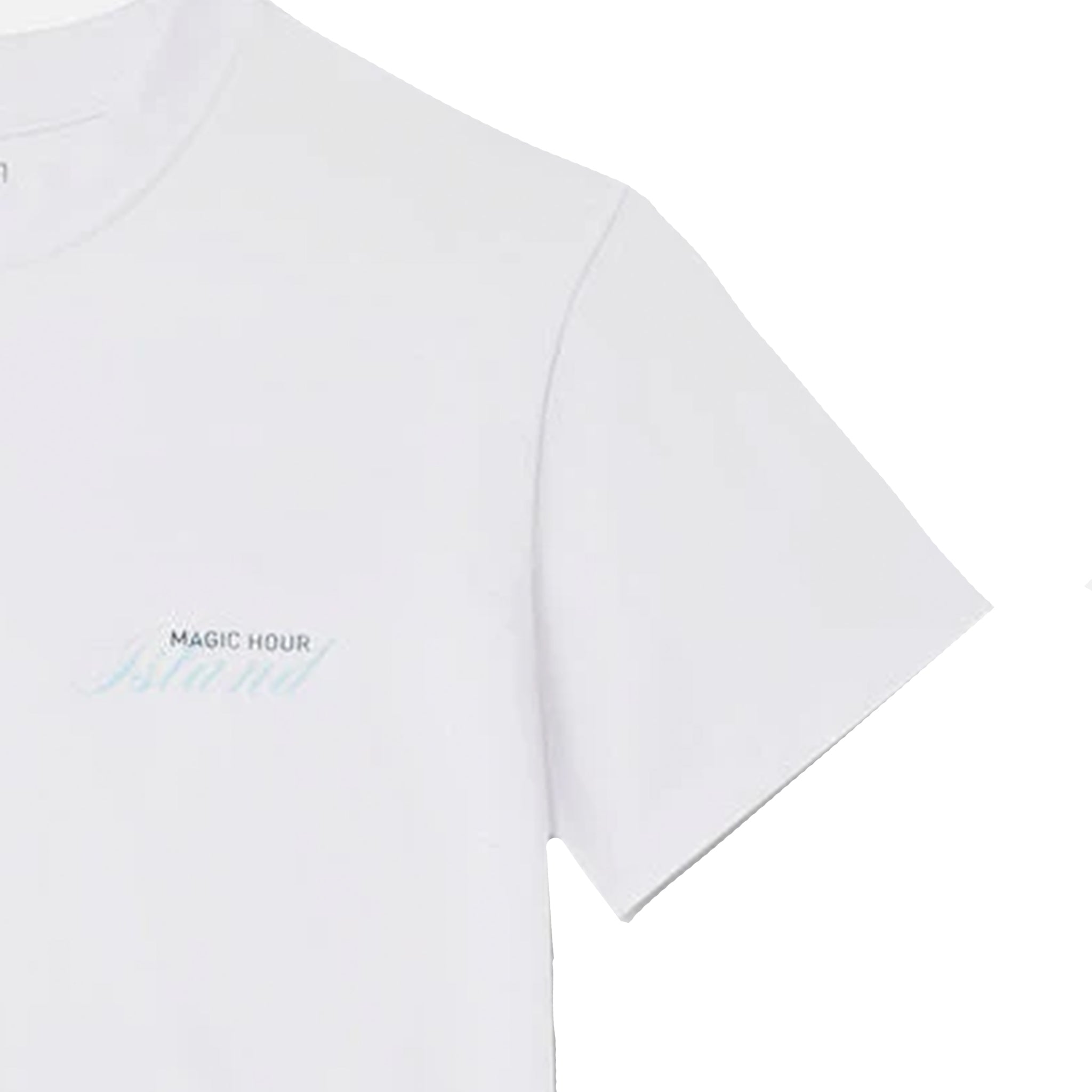 White short-sleeve crewneck t-shirt with 'MAGIC HOUR' printed in black and light blue script on the left chest.