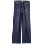 A pair of dark blue denim jeans with a straight-leg fit, shown flat against a solid white background.