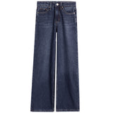 A pair of dark blue denim jeans with a straight-leg fit, shown flat against a solid white background.