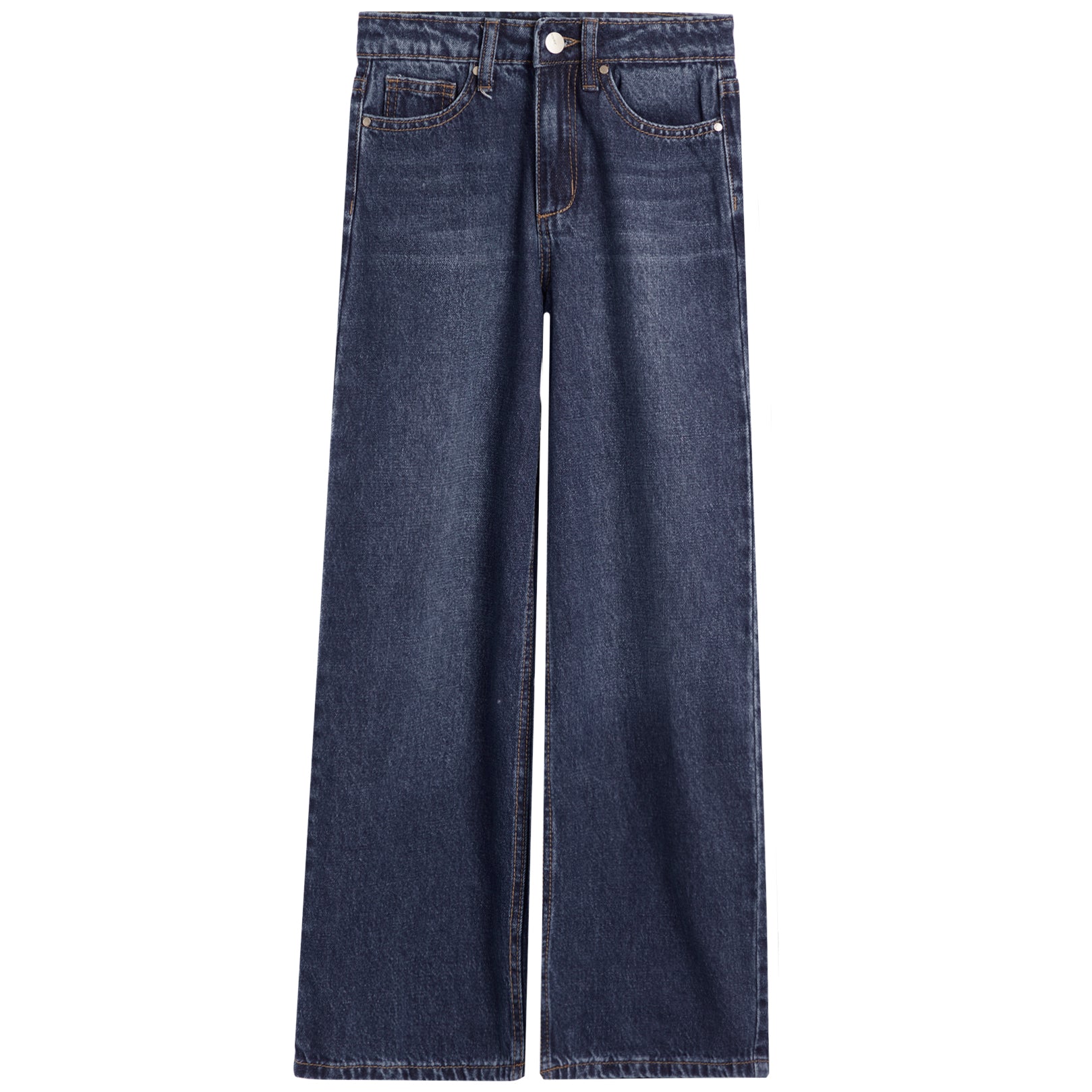 A pair of dark blue denim jeans with a straight-leg fit, shown flat against a solid white background.
