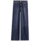 A pair of dark blue denim jeans with a straight-leg fit, shown flat against a solid white background.