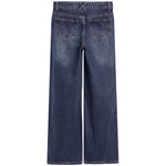 Back view of dark blue wide-leg denim jeans with a faded wash, featuring two back pockets and belt loops.