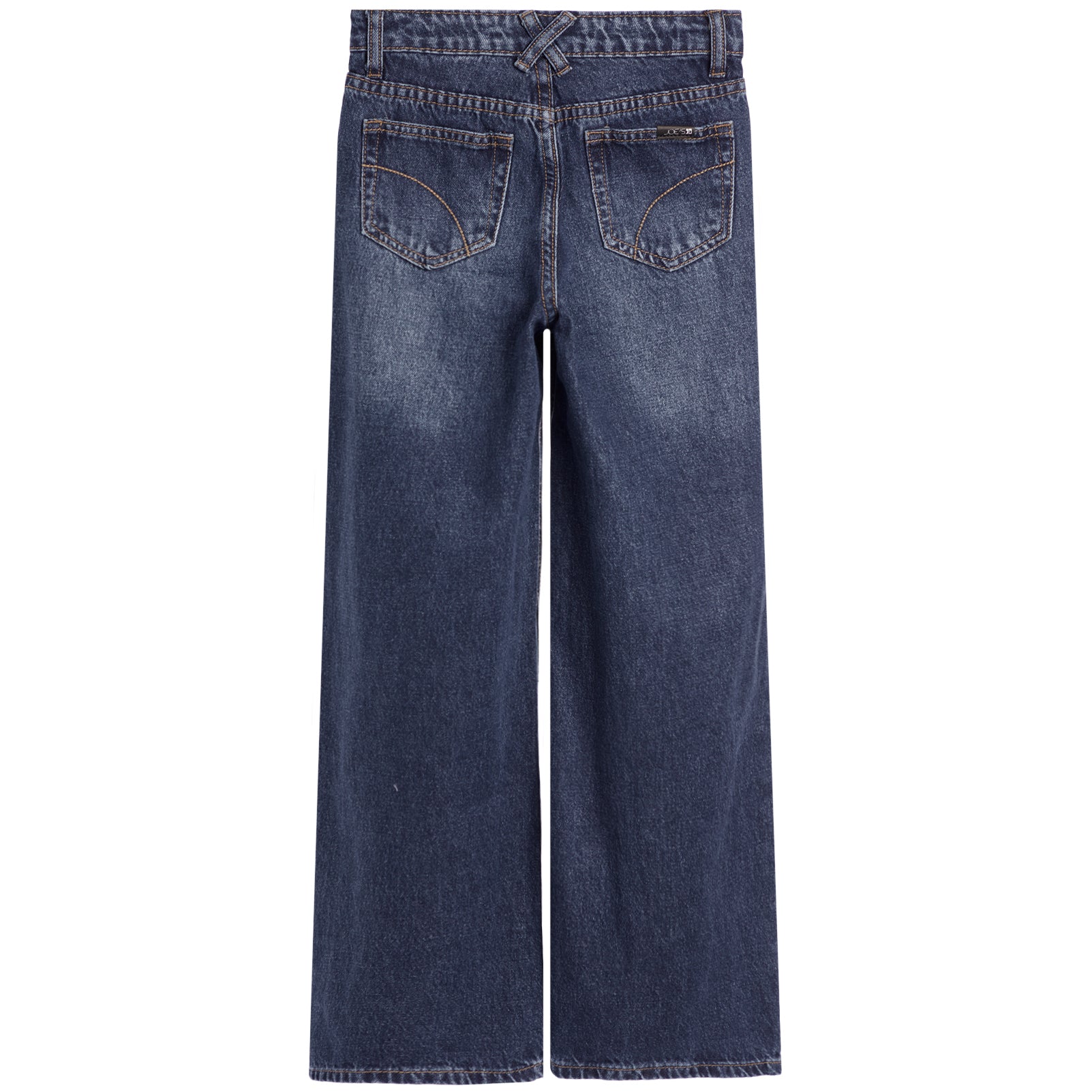 Back view of dark blue wide-leg denim jeans with a faded wash, featuring two back pockets and belt loops.