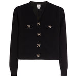 A black knit cardigan sweater with a V-neck, long sleeves, and four decorative bow-shaped buttons on the front. Two of the bow buttons are on the chest, and two are positioned vertically down the center front.