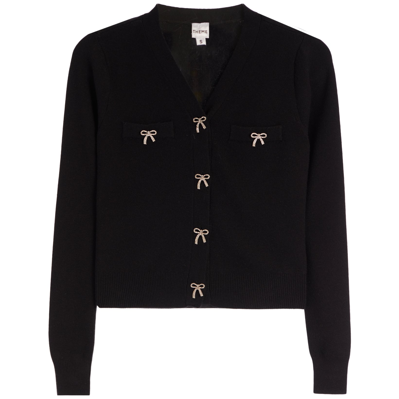 A black knit cardigan sweater with a V-neck, long sleeves, and four decorative bow-shaped buttons on the front. Two of the bow buttons are on the chest, and two are positioned vertically down the center front.
