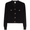 A black knit cardigan sweater with a V-neck, long sleeves, and four decorative bow-shaped buttons on the front. Two of the bow buttons are on the chest, and two are positioned vertically down the center front.