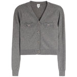 A gray knit cardigan with a V-neck, long sleeves, and decorative bow details on the chest pockets and front button closure, shown against a plain white background.