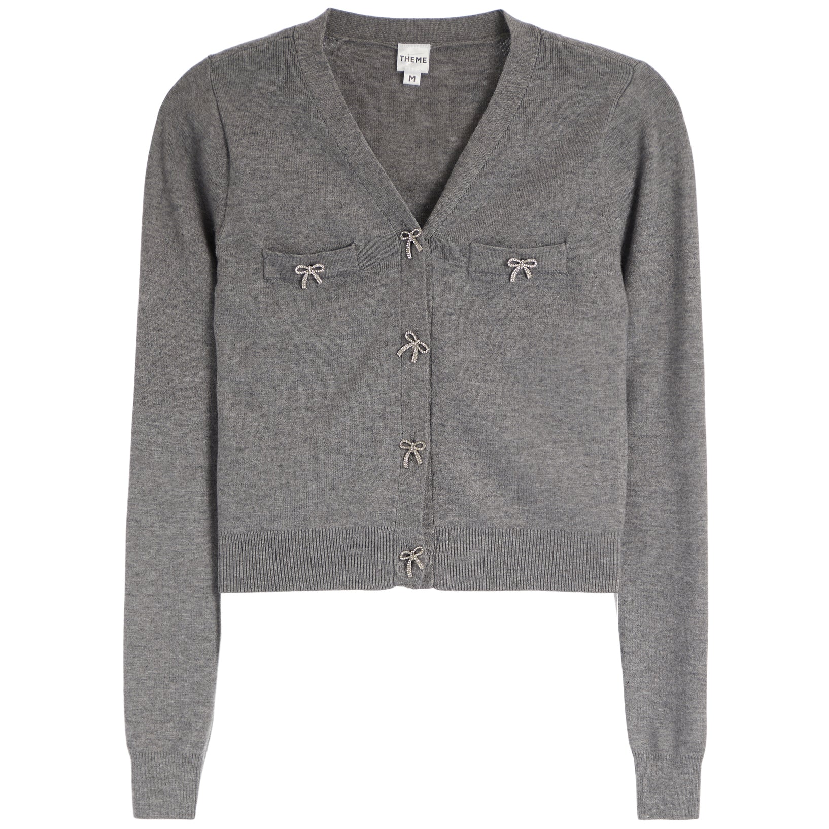 A gray knit cardigan with a V-neck, long sleeves, and decorative bow details on the chest pockets and front button closure, shown against a plain white background.