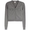 A gray knit cardigan with a V-neck, long sleeves, and decorative bow details on the chest pockets and front button closure, shown against a plain white background.