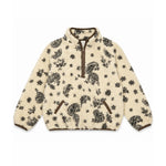 A cream-colored sherpa fleece pullover jacket with a black paisley and floral pattern, featuring brown trim on the collar, zipper, and pocket edges.