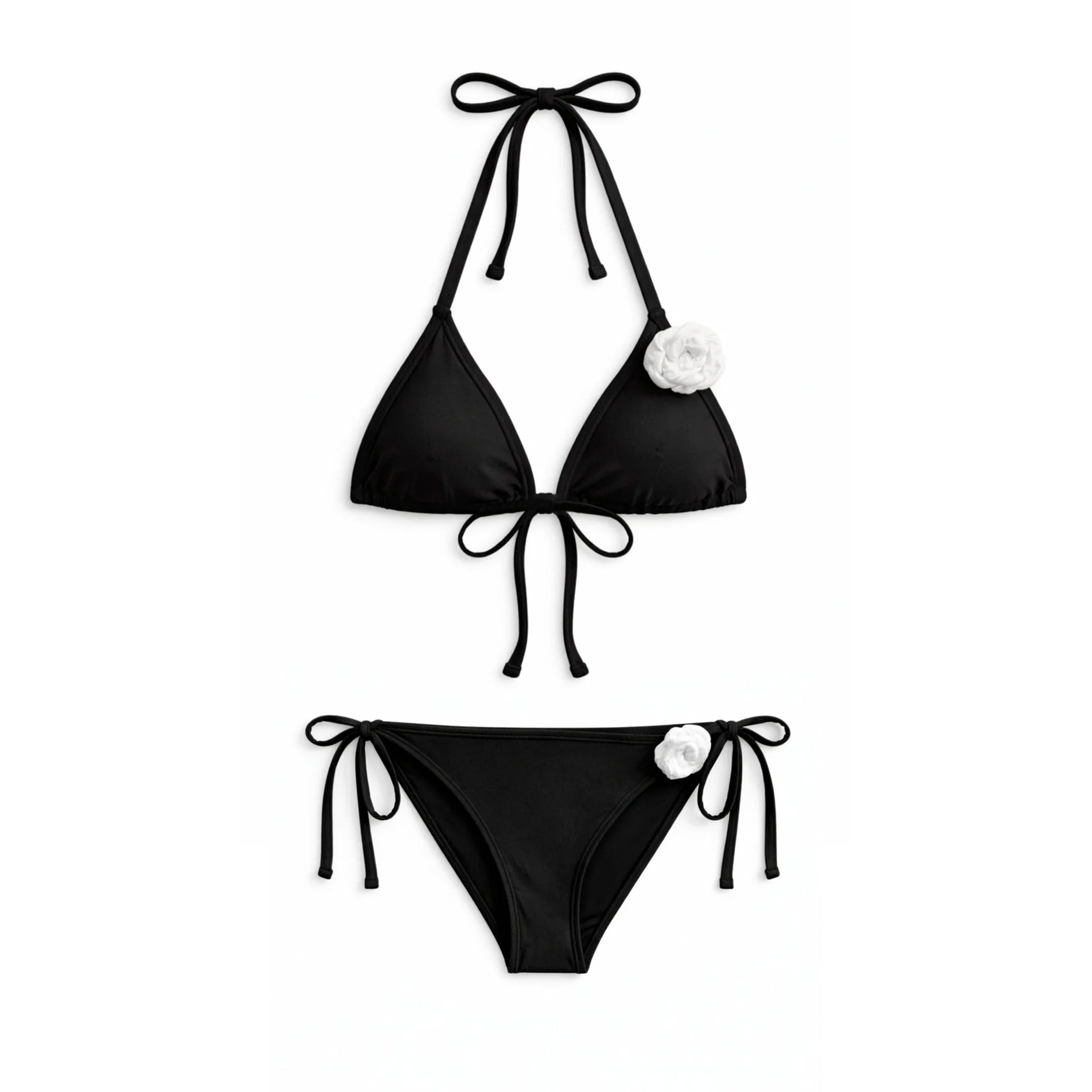 Black bikini set with white flowers on a white background