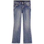 A pair of medium-wash blue denim jeans with a subtle flare leg, shown flat against a solid white background.