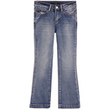 A pair of medium-wash blue denim jeans with a subtle flare leg, shown flat against a solid white background.