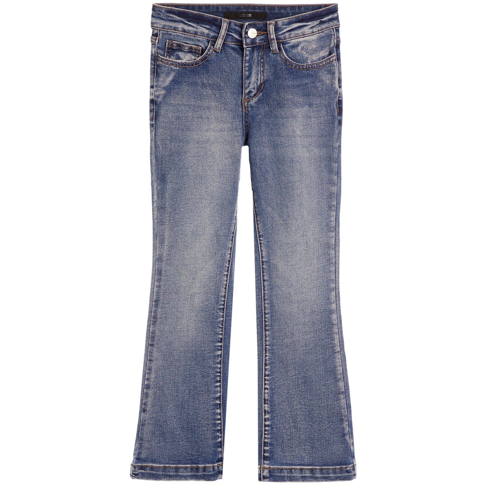 A pair of medium-wash blue denim jeans with a subtle flare leg, shown flat against a solid white background.