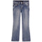 A pair of medium-wash blue denim jeans with a subtle flare leg, shown flat against a solid white background.