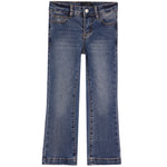 A pair of medium-wash blue denim jeans with a straight-leg or bootcut fit, shown flat against a solid white background.